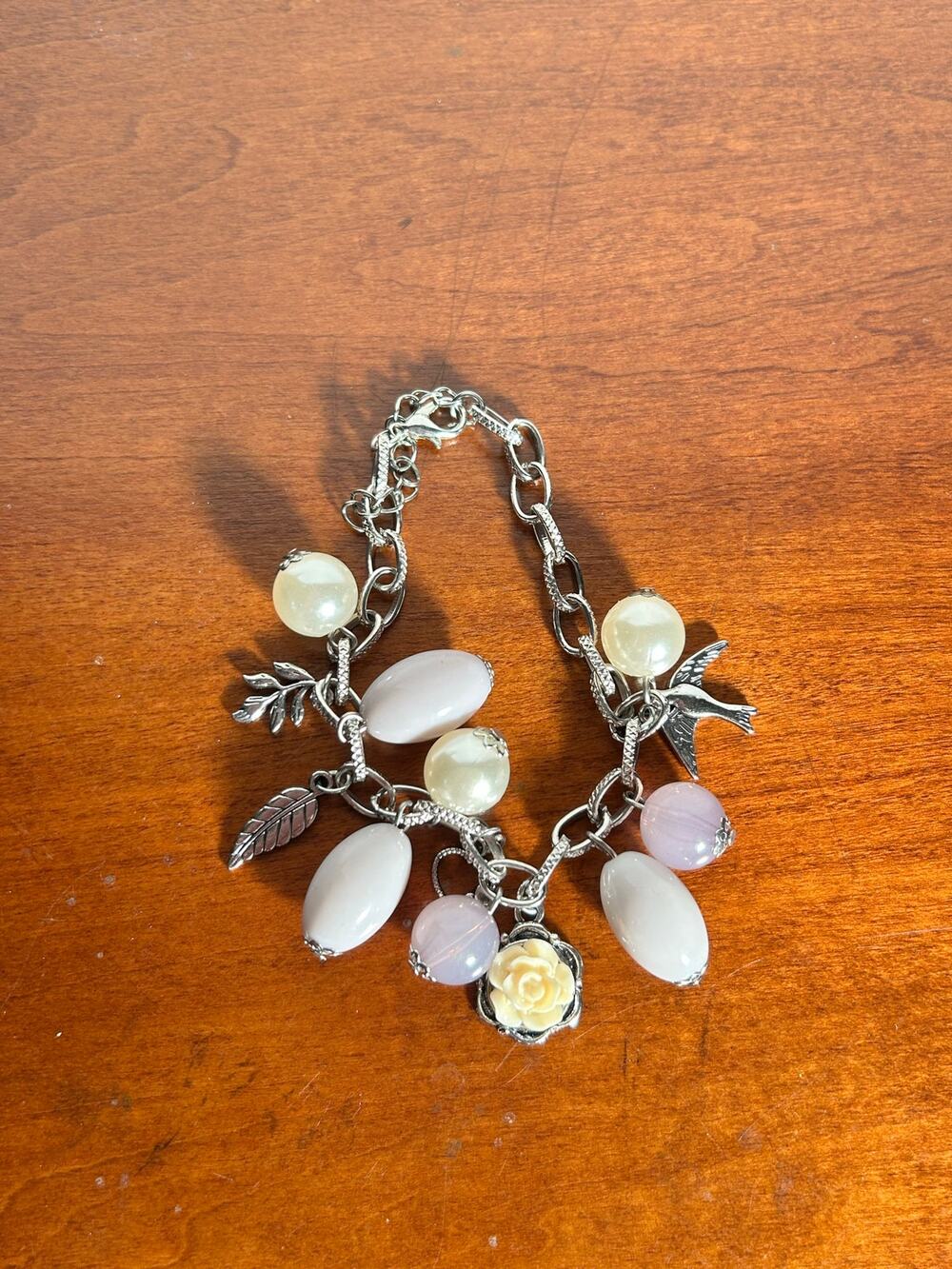 Luminescent Bead Bracelet Glow Czech Glass Rose Bird Leaf Charms Floral Fairy